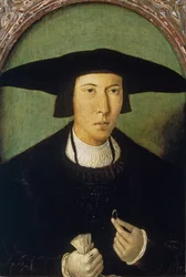 ""Porträtt av en ung man"" (Porträtt av en ung man) Målning av Jan Mostaert (1472/73-1555/56) ca 1520 Dim 53x37 cm Museo del Prado, Madrid