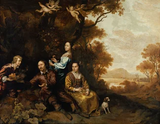 Gruppporträtt av en gentleman, hans fru och dotter (olja på duk)
