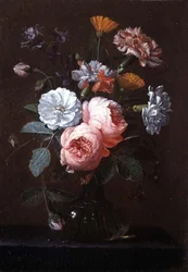 Stilleben av rosor, nejlikor och andra blommor