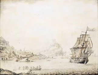 Ett brittiskt fartyg utanför Satalias (Turkiet) kust år 1677, omgivet av en klippig kust med gamla stadsmurar och minareter. Olja på trä