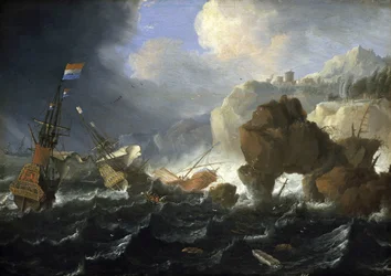 Ett holländskt skepp och en galjon går på grund på en klippig kust i stormen. Olja på trä, av Jan Peeters (1624-1677).