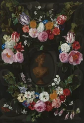Kartusch dekorerad med svärmar och blomsterspiraler