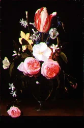 Stilleben med blommor i en glasvas (panel)