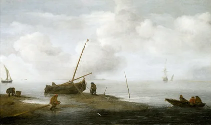 Musselfiske, en fiskebåt på stranden och tre män som är upptagna med att samla musslor i sina korgar. Olja på duk 1622, av Jan Porcellis (1580-1632).