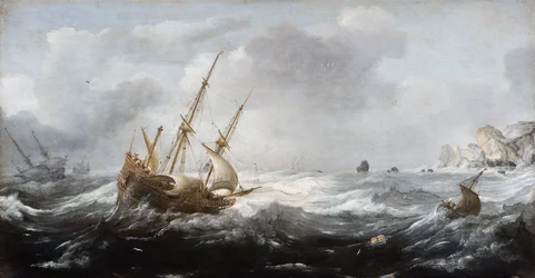 Skeppar i en storm på en stenig kust