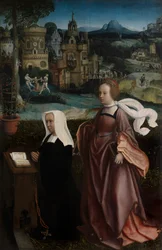 Detalj av donator med Saint Nicholas och donatorns fru med Saint Godeliva, ca 1515-21 (olja på panel)
