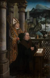 Detalj av donator med Saint Nicholas och donatorns fru med Saint Godeliva, ca 1515-21 (olja på panel)