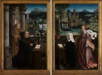 Donator med Sankt Nikolaus och givarhustru med Sankt Godeliva, ca 1515-21 (olja på panel)