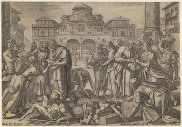 Apostlarna delar ut pengarna till de behövande, ca. 1600