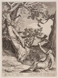 Elias i vildmarken, matad av korpar, ur Fyra scener ur profeternas liv, Jesaja, Ahajah och Elisha