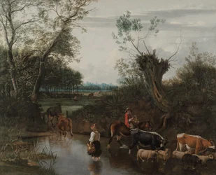 Bönder korsar en bäck, ca. 1670.
