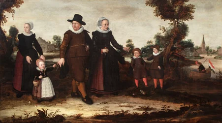 Grupporträtt av målaren Jan Siewertz Kolm, hans hustru Fijtge Lindemans, deras barn Anna Jansdr., Siewert Jansz. och Hans Jansz. med en tjänsteflicka