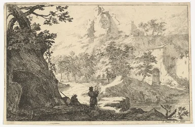 Landskap med ruiner av ett slott på en kulle, tidigt 1700-tal.
