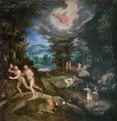 Fördrivning från det jordiska paradiset, ca 1586-89 (olja på duk)