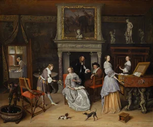 Fantasiinteriör med Jan Steen och Gerrit Schoutens familj