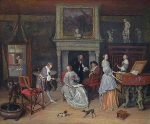 Fantasiinteriör med Jan Steen och Gerrit Schoutens familj