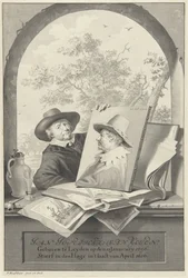 Man med en mapp med teckningar och ett porträtt av Jan van Goyen