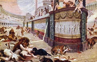 Vykort som skildrar de blodiga spelen på arenan i Rom, illustration ur ”Quo Vadis”, 1910
