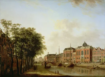 Houtgracht, nu Jonas Daniël Meijerplein, Amsterdam, med de ashkenaziska synagogorna, arsenalen, den portugisiska synagogan och seglande pråmar