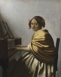 En ung kvinna sittande vid en virginal, omkring 1670
