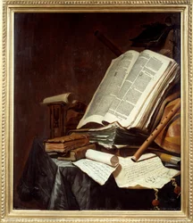 Böcker och musikinstrument Målning av Jan Vermeulen (1638-1674) 1600-talet sön. 0,78x0,69 m Nantes, musee des Beaux Arts