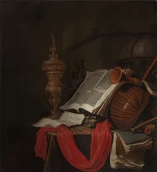 Stilleben med musikinstrument och böcker Vanitas
