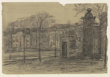Vy över hus mellan träd, Dordrecht