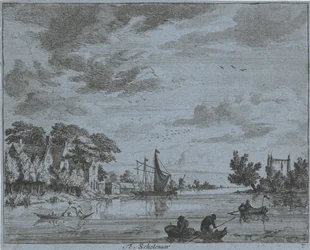 Affärer vid en flod Te, Scholenaar (titel på objekt) Landskap i Haarlem-området (serietitel) Gesigten utanför Haarlem, Gjort av. J.V.V. (serietitel på objekt)