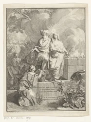 Allegorisk titelsida med patriarken Abraham och sanningen Titelsida för: Arnold Hoogvliet, Abraham patriarken, i XII Boeken, 1728