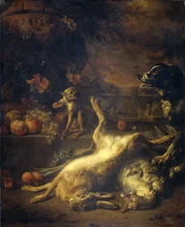 En apa och en hund med dött vilt och frukt