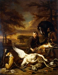 Jaktbyte med en jaktbetjänt och en svart page som håller en brun häst, 1700