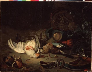 Jakttroféer. Målning av Jan Weenix den yngre (1642-1719). Olja på duk, sent 1600-tidigt 1700-tal. Holländsk konst, barockstil. Statens friluftsmuseum Peterhof, Sankt Petersburg.