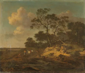 Dunelandskap med jägare som vilar