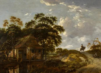 Landskap med en stuga vid en flod och en kvinna som sköljer en kruka, en herre till häst på en stig