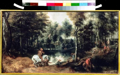Ryttare i en skog. Målning av Jan Wildens (1586-1653). Olja på trä, 32,5 x 59,3 cm, ca 1620. Flamländsk konst från 1500-1700-talet. Pushkin Museum of Fine Arts, Moskva.