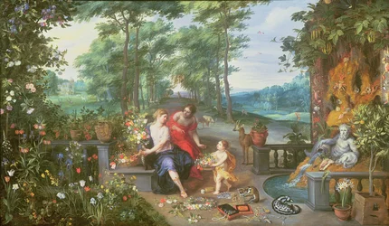 Flora och nymfer i en trädgård