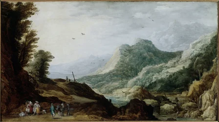 Bergslandskap med en bondfamilj vid vägkanten (Målning, ca 1620-1630)