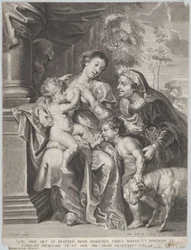 Den heliga familjen med Elisabet och spädbarnet Johannes döparen, jungfrun som ammar spädbarnet Kristus, ca 1635-42