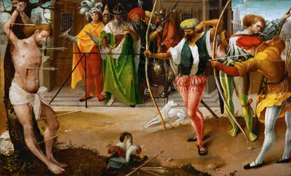 Sankt Sebastians martyrskap - Jan De Beer (ca 1475-1528). Olja på trä, c. 1510. Mått : 25,5x41,5 cm. Konsthistoriska museet, Vienne