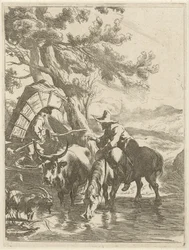 Herde och packad pojke vid en bäck Landskap med djur (serietitel) Diversa Animalia (serietitel på objekt)