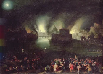 Aeneas räddar anchises från säcken av Troja (olja på koppar)