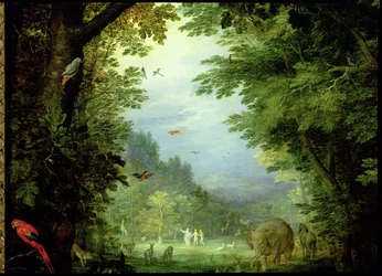 Jorden eller det jordiska paradiset, detalj av Adam och Eva med Gud och andra djur, 1607-08, detalj av 93899
