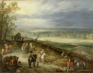 Vidsträckt landskap med resande på en landsväg, ca 1608-10 (olja på koppar)