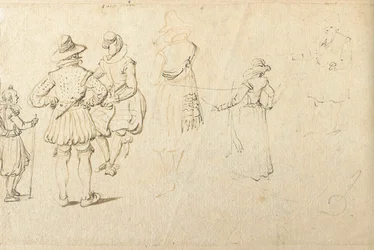 Fem figurer sedda bakifrån, och ytterligare en figur