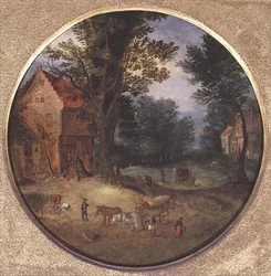 Flamländskt landskap med vagnar och figurer (tondo, panel)
