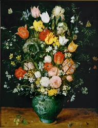 Blommor i en blå vas (målning på ek)