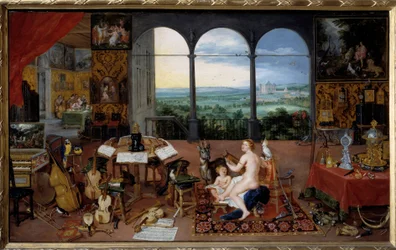 Hörsel. Allegori om de fem sinnena Målning av Jan I Brueghel Dit De Velours (1568-1625) Ec. Flam