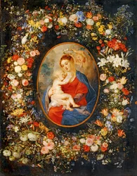 Jungfru Maria, Jesusbarnet och änglar i mitten av en blomsterkrans. Rubens medaljong ...