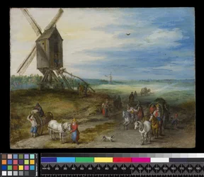 Landskap med kvarn och kärror, ca 1611 (olja på koppar)