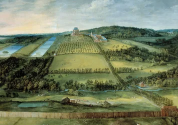 Landskap med Chateau Mariemont Chateau nu detruit som ligger nära Bryssel. Målning av Jan Brueghel den äldre (eller ljumske eller gammal), kallad Brueghel de Velours (1568-1625)